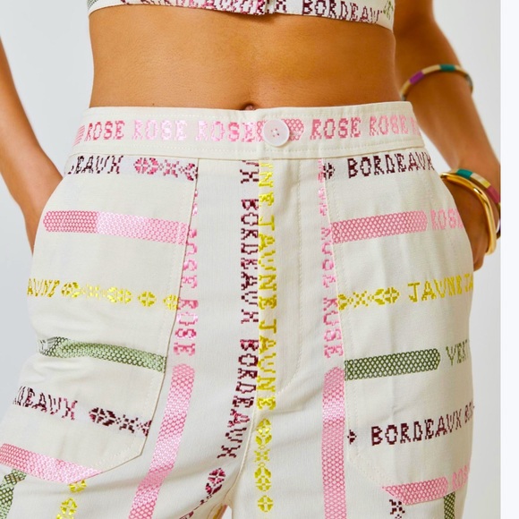 New Wine Bordeaux Rose Wide-Leg Cropped 2P | XS Off White Pink High-Rise Pants - Picture 11 of 11